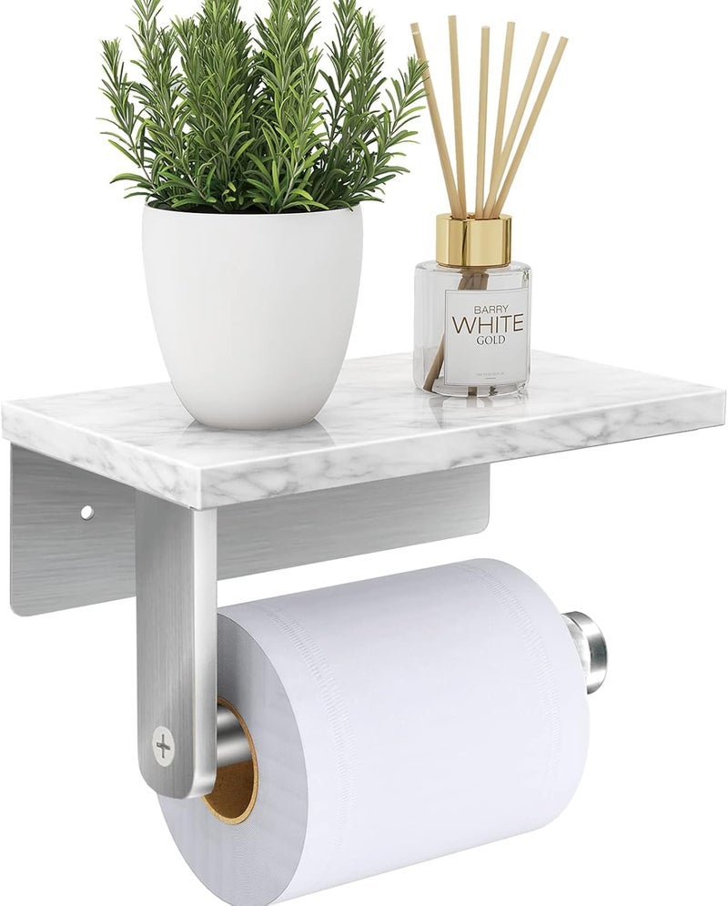 Gypie Brushed Nickel Toilet Paper Holder with Natural Marble Shelf, Screw Wall Mounted, Tissue Roll Holder for Bathroom Washroom - Image 1
